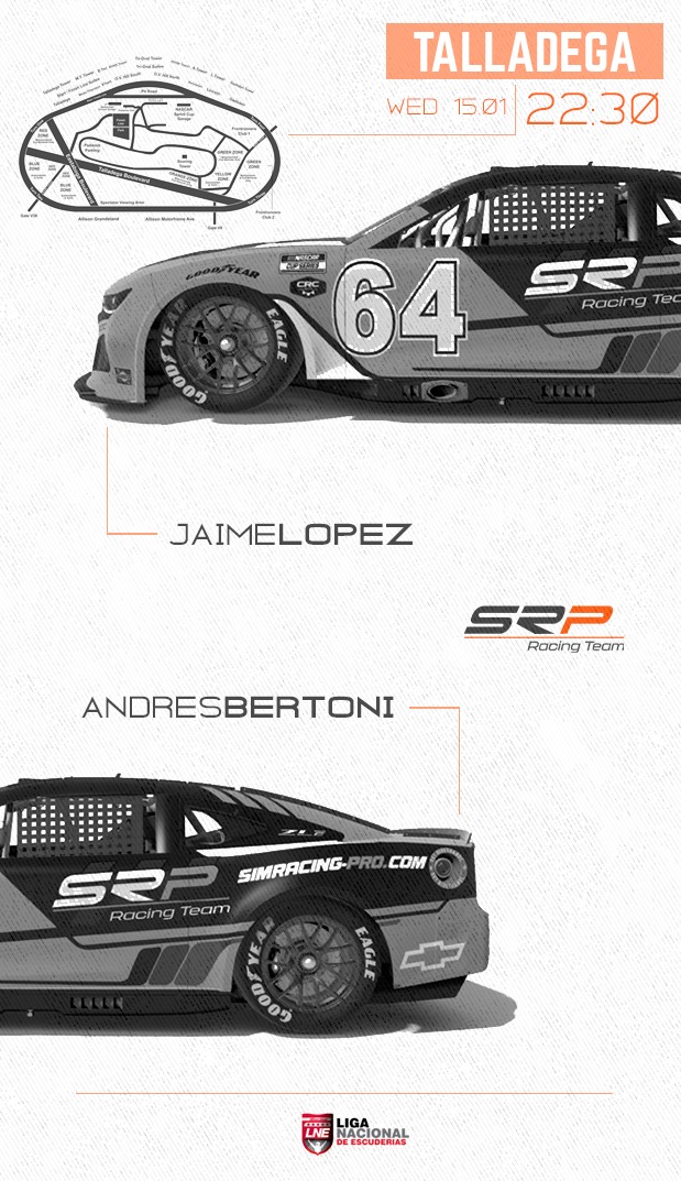 SRPracingteam's tweet photo. ��� Campeonato: LNE by LEC @lecesports

🏁 Circuito: Talladega

👥 Piloto: Jaime lopez @Liefgot1
👥 Piloto: Andrés bertoni @gangsimracing

🏎️ Iracing 

📆  15/02/2023

⏰ Horarios: 

⏳ Race: 22:40 https://t.co/v3VehdwvEG