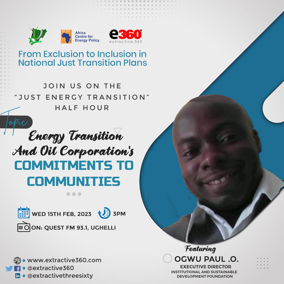 In a few minutes Paul Ogwu @paulojohn will be live on @quest93.1FM to discuss #EnergyTransition and oil corporations commitment to oil bearing communities. The radio program is sponsored by @extractive360 in partnership with @Spaces4Change and support from @AcepPower