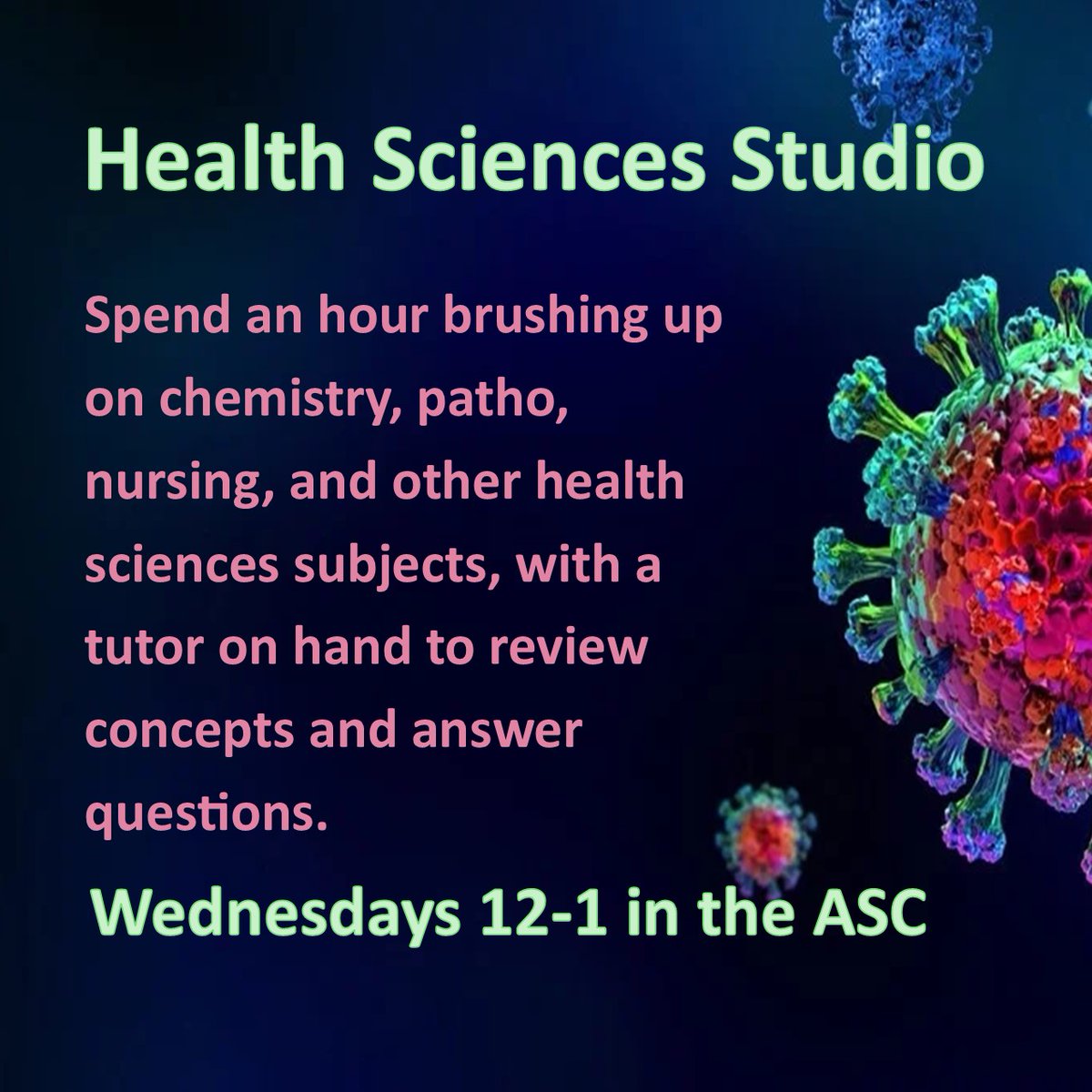 USCLASC's tweet photo. Hey everybody, today is the ASC's weekly tutor-supported study session for health sciences. Come in during the lunch hour to brush up on BIO 206, 243, 244, 250; CHEM 102, NURS 208, 220; and study strategies for all of them. Free and informal on the 2nd floor of Medford Library. https://t.co/ZAU8jCjNOd