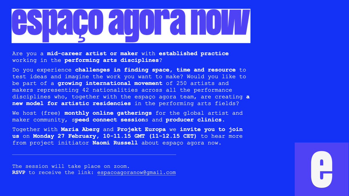 Are you a mid-career artist who'd like to take part in creating a new model for international artistic residencies in the performing arts? Join us on Feb 27th 10-11.15 GMT to hear from Naomi Russell & find out how to get involved. Email espacoagoranow@gmail.com for an invite!