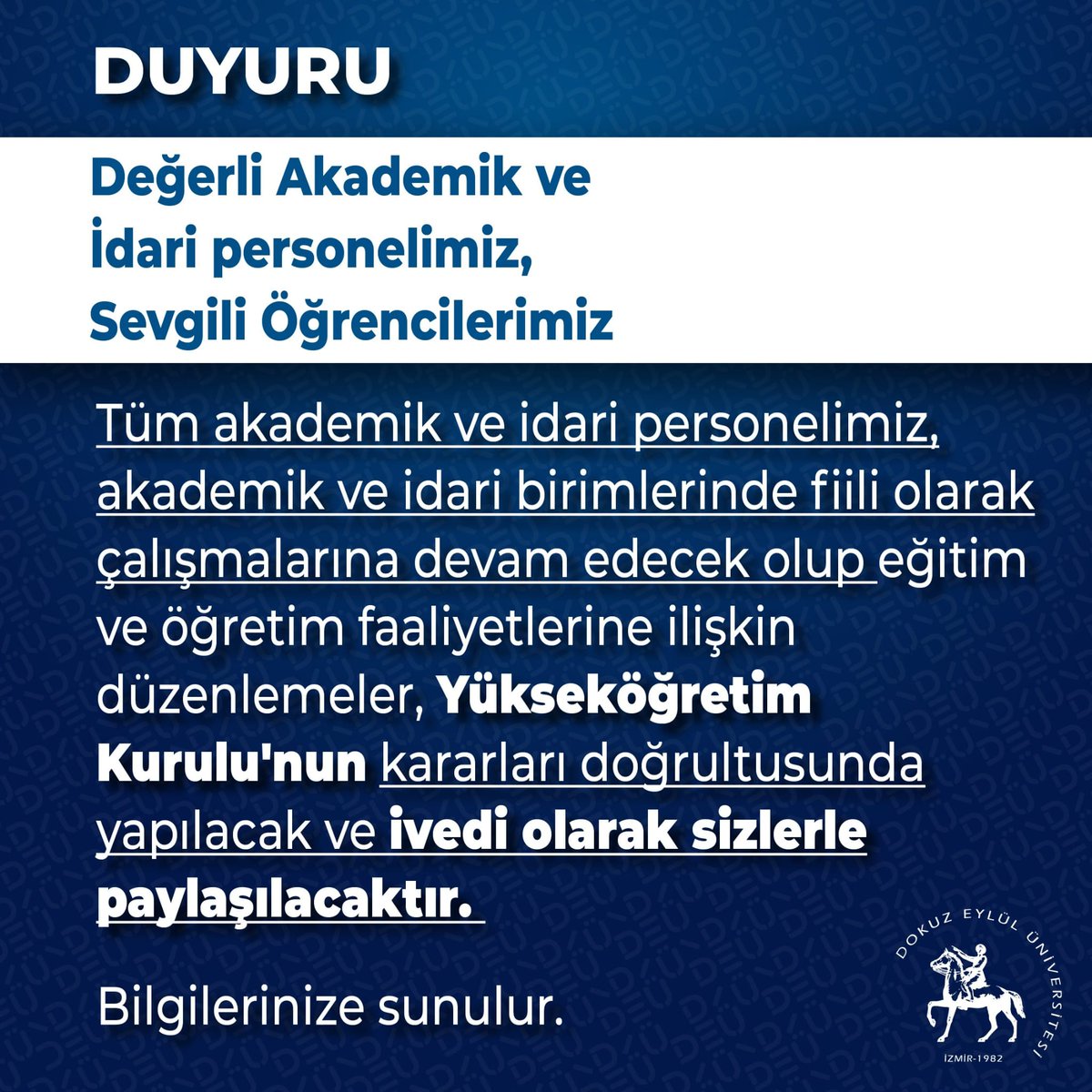 Dokuz Eylül Üniversitesi resmi hesabı önce hibrit eğitime geçildiğini açıkladı daha sonra açıklamayı resmi hesaplarından kaldırıp YÖK'ün kararına uyacağını belirtti.

Öğrenciler olarak alınan kararı kabul etmiyor online değil yüz yüze eğitim istiyoruz!
#onlineegitimistemiyoruz