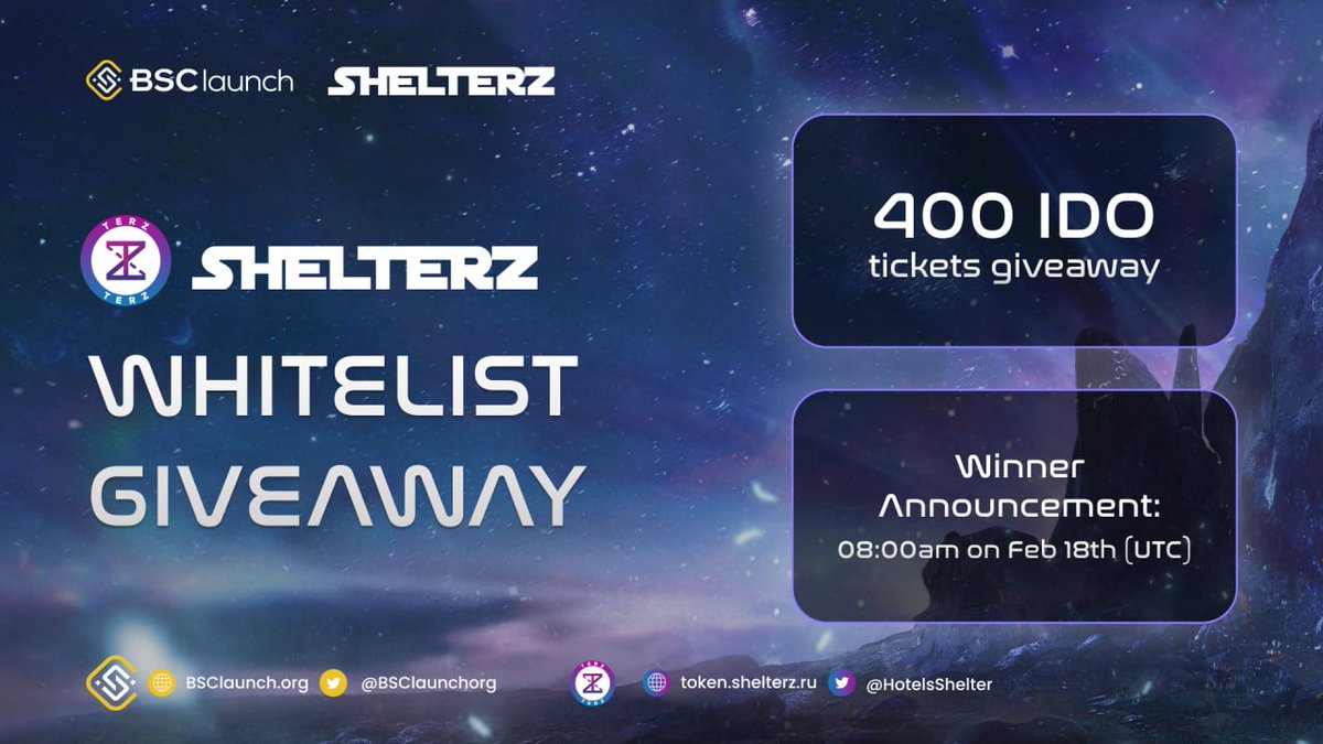 BSClaunchorg's tweet photo. 📢 400 $TERZ IDO WHITELIST SLOTS GIVEAWAY

👍 Sign-up for a free entry to participate in @HotelsShelter  IDO on #BSClaunch this Feb 19th

🔸 Wallet Allocation: 300 USD
🔸 Pool Allocation: 35,000 USD

🆙 ENTRY: https://t.co/249l0el0Im

#BSClaunch #IDO #Shelterz #BNBChain https://t.co/0hvR98DuH8