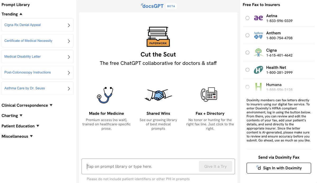 ‼️ @doximity unveils DocsGPT (doximity.com/docs-gpt), a beta version of a ChatGPT-based tool to assist doctors with insurance prior authorizations / appeals & other administrative tasks fiercehealthcare.com/health-tech/do… @FierceHealth