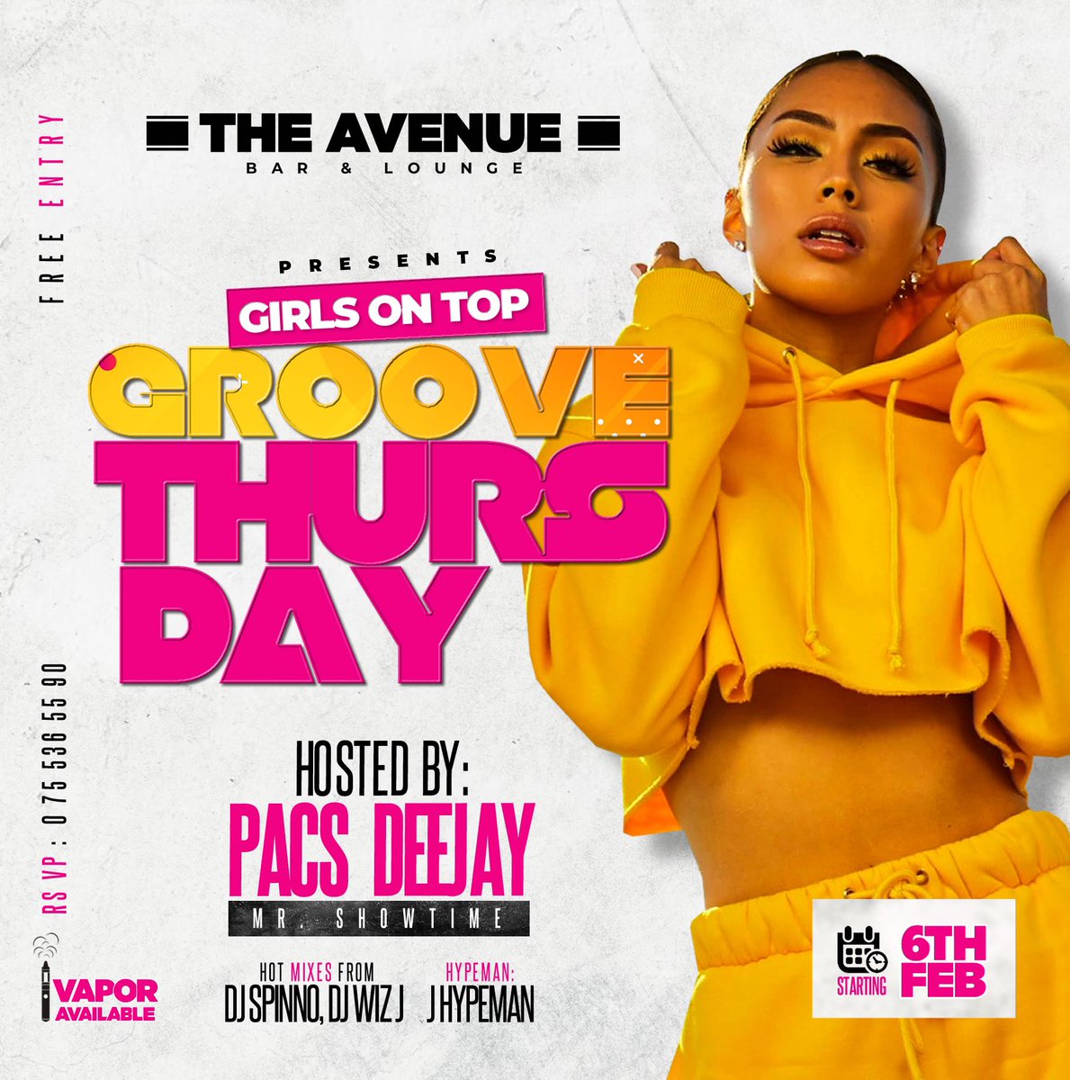 theavenueug's tweet photo. Ladies &amp; Gentleman’s. Introducing Groove Thursday (Girls on Top) hosted by Pacs Deejay. Hot mixes from Dj Spino and Dj Wiz. Vapors Available. https://t.co/X2ixPHMca4