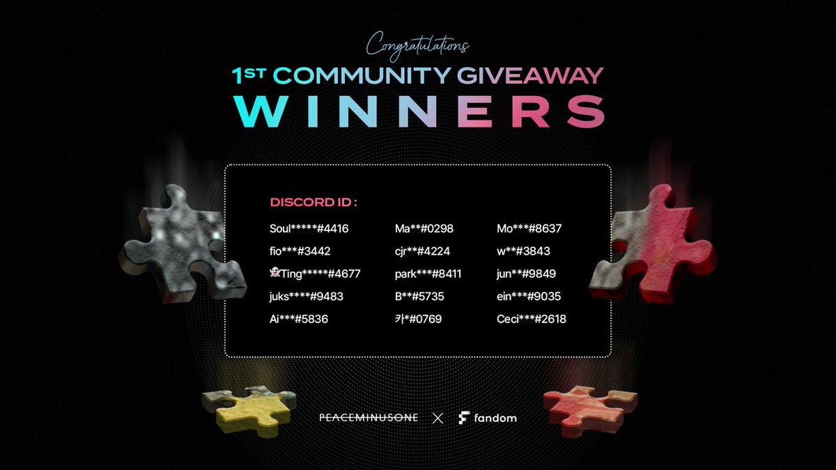 fandomcreator_'s tweet photo. Exciting news! We're thrilled to announce the top 15 winners from #PEACEMINUSONE Airdrop Event.
Congratulations to all the winners ☺️
*if you have NFTs, can enter the holder channel by verifying via #nft verify channel.
Official Discord➡️ https://t.co/uaLXZ1ZoBH
#fandomnft https://t.co/wm8jJUqfdM