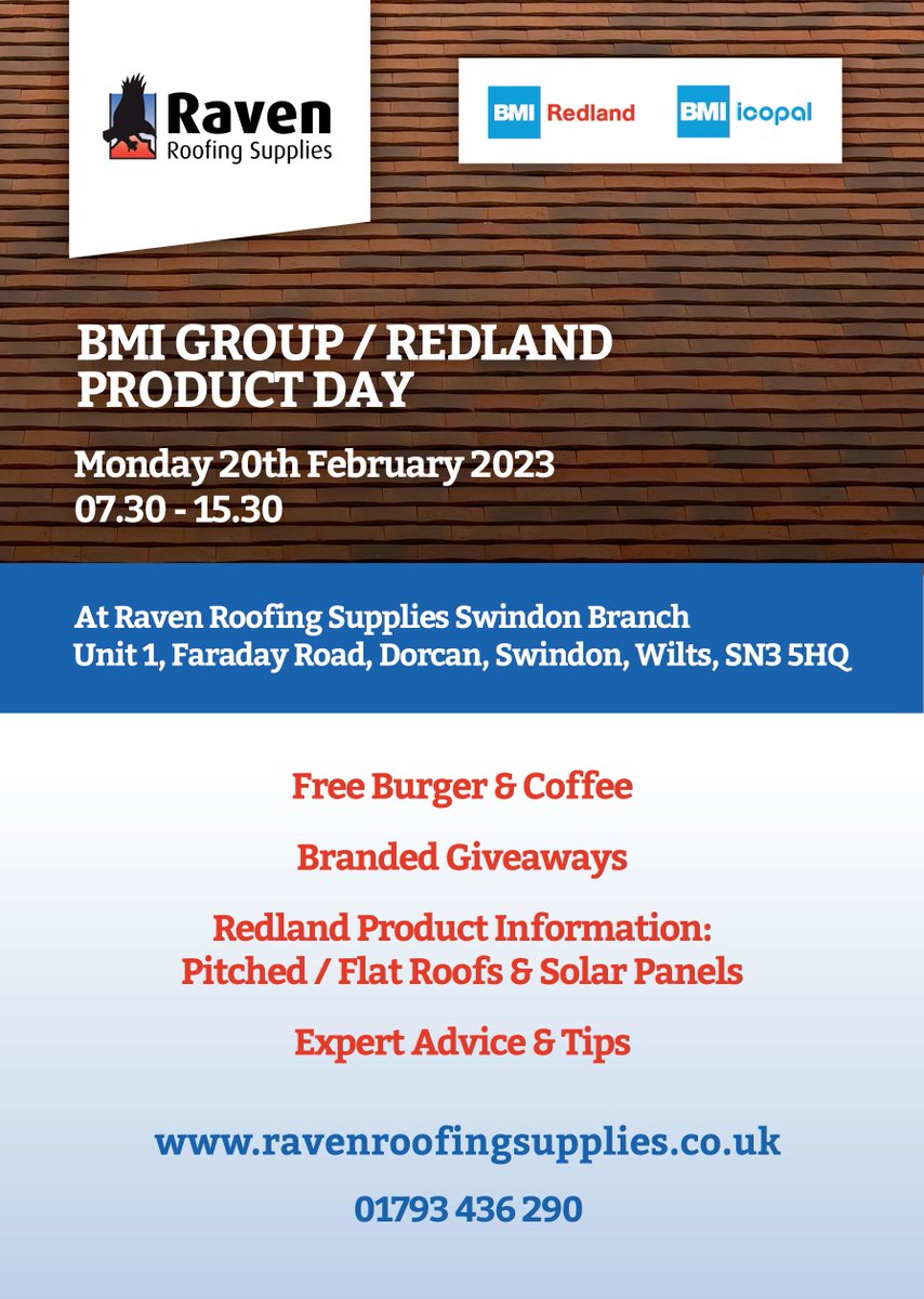 Another date for your diary! BMI Redland product day Monday 20th Feb from 7.30am at our Swindon branch.  Lots of expert advice on hand, freebies and the burger van for complimentary food and drinks!! 🍔☕ 
<a href="/BMIUKandIreland/">BMI UK & Ireland</a> <a href="/Icopal_UK/">BMI Icopal</a> #Swindon #Roofing #RoofingSupplies