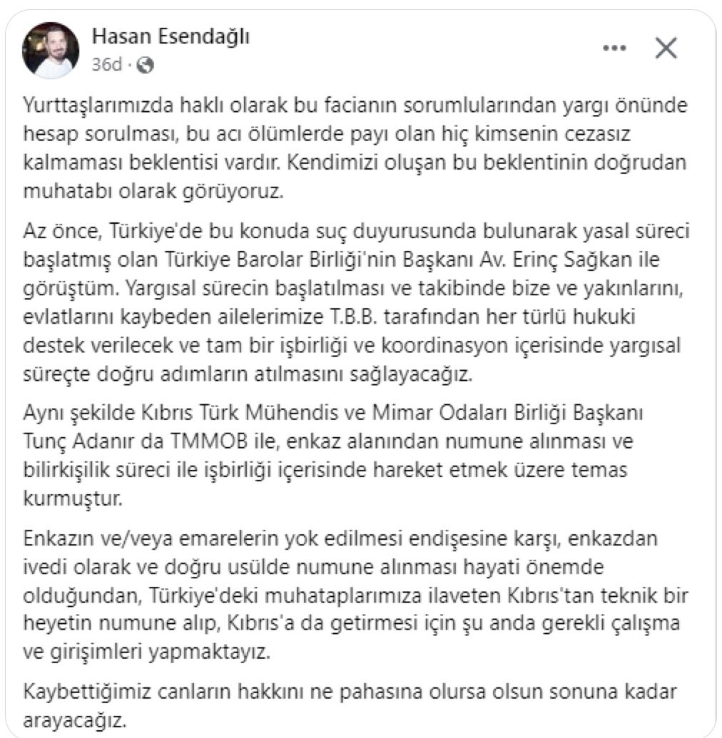 KKTC halkının acısını yürekten paylaşıyoruz. Felaketin sorumlularının yargı önünde hesap vermesi için Kıbrıs Türk Barolar Birliği Başkanı Av. Hasan Esendağlı ile irtibat halindeyiz. Her iki Barolar Birliği olarak acıda da dayanışmada da bir aradayız. 
 #isiaskatilleritutuklansın