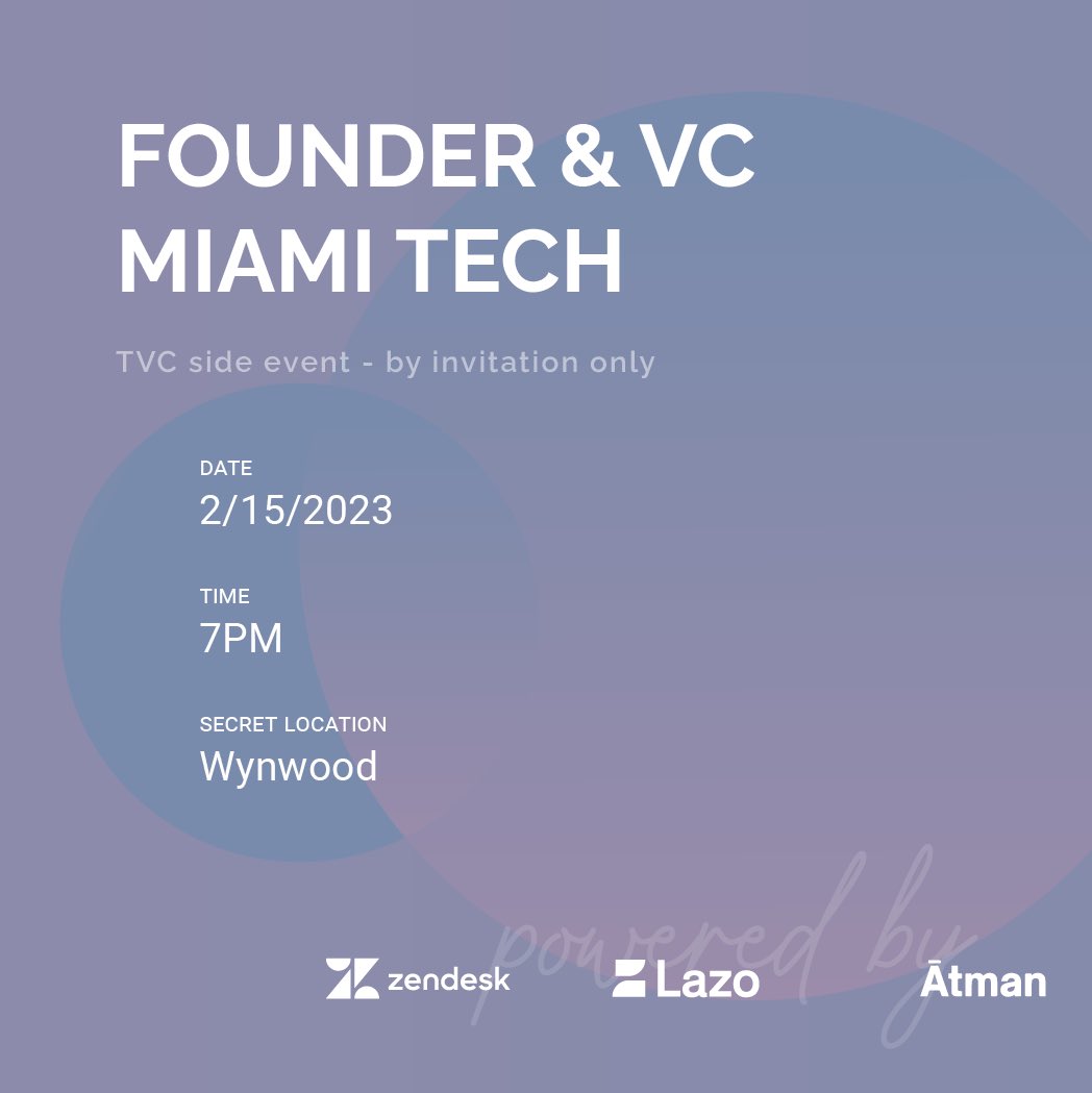 Founder Recommendation in #MiamiTech🙏As a founder, I know how hard it is to find valuable connections. We're hosting an intimate event for @LazoUs customers, partners and VCs with <a href="/Zendesk/">Zendesk</a> &amp; Atman VC. I we want YOU to be there! Only 2 spots are available; DM me🙏
