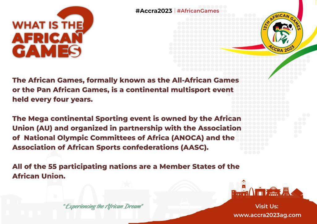 Accra2023AG's tweet image. 📢| CHRONICLES OF THE AFRICAN GAMES

What do you know about the #africangames

Visit our official website 
accra2023ag.com for all the information and updates. 

#Accra2023
#AfricanGames