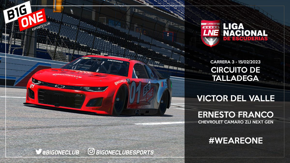 #iRacing

Liga Nacional de Escuderías 2023 #LNE de 
<a href="/lecesports/">LEC Esports</a>

Hoy toca Nascar en Talladega Superspeedway

En pista estarán <a href="/tury159/">TURY159</a> y <a href="/victordv47/">Victor Del Valle</a> en nuestros 
Chevrolet Camaro ZL1
 
20:30h en directo

Retransmisión oficial:
twitch.tv/lecesports

❤️#WeAreOne