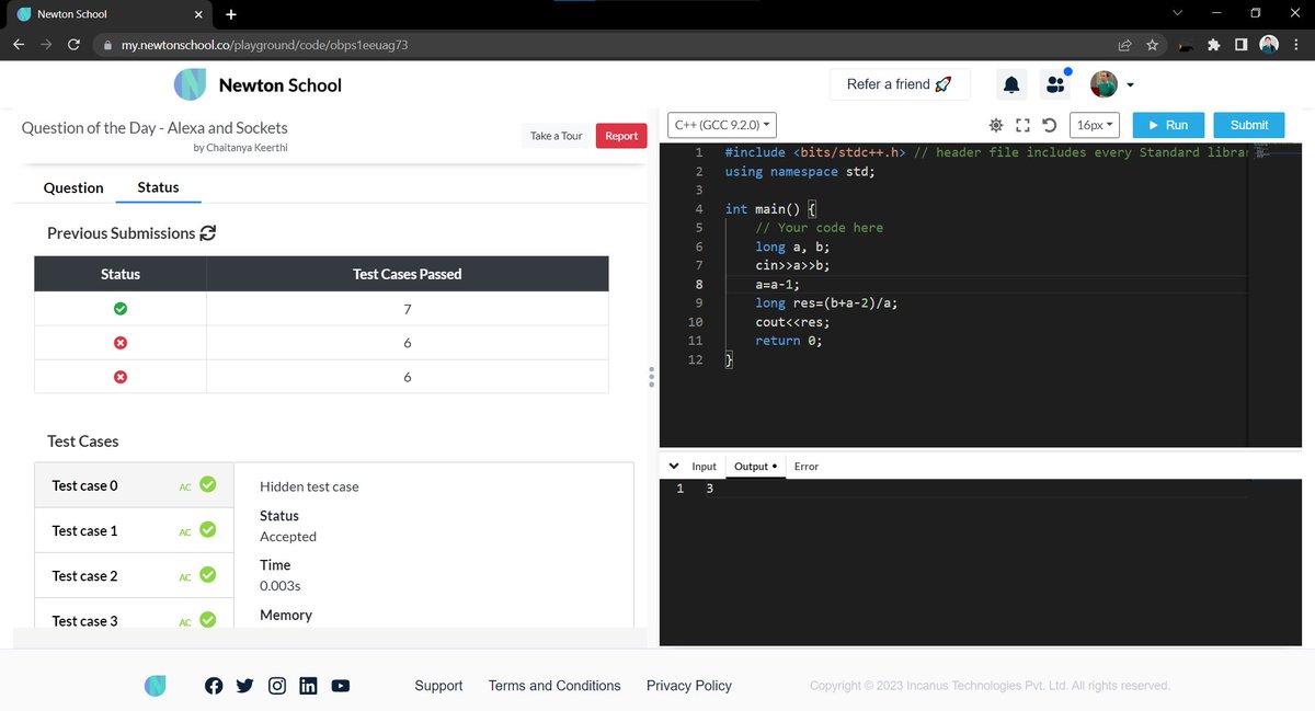 chaitanya8921's tweet photo. Hey friends, I just completed Day 47 of the 51 Days of Code Challenge with the @NewtonSchoolHQ community.
Today I solved the question - Alexa and Sockets
#newtonschooldiscord #51daysofcode #30Daysofcode #100DaysOfCode https://t.co/DZlh8MoA7c