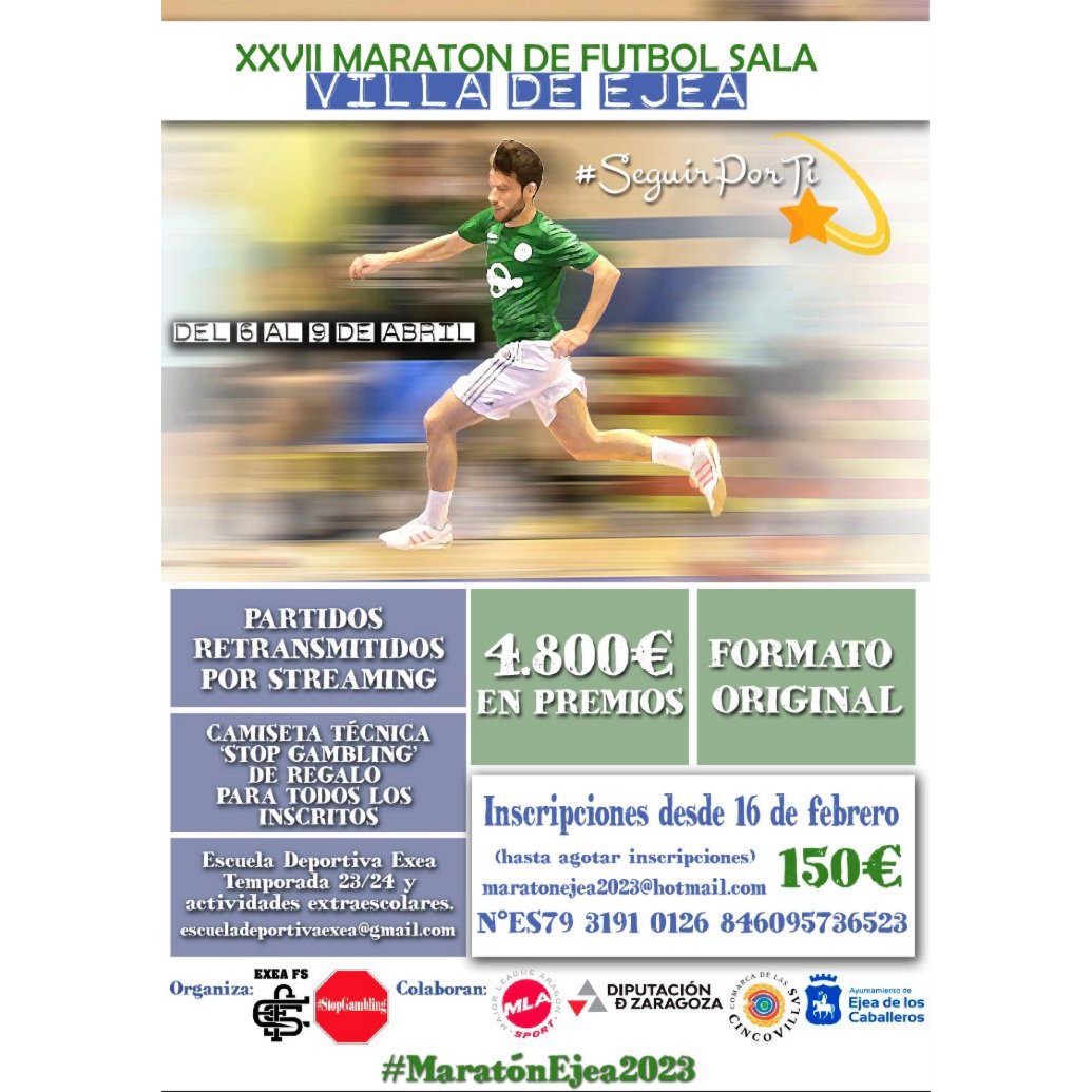 ExeaFS's tweet photo. Se acercan los 4 mejores días del año. ¡Llega la XXVII edición de la Maratón de Fútbol Sala Villa de Ejea! 
A partir del 16 de febrero, se abre el plazo de inscripción para que 32 equipos y más de 300 jugadores disfruten y hagan vibrar a toda la afición. https://t.co/cI0PKREjHP