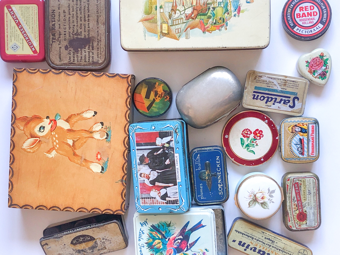 Just some of my collection of vintage tins waiting for their collages to be put inside. It’s challenging to make collages for some of the smaller ones, but I’m enjoying figuring it out! 
#textileart #textilecollage #textileartist #mixedmediaembroidery #mixedmediaart