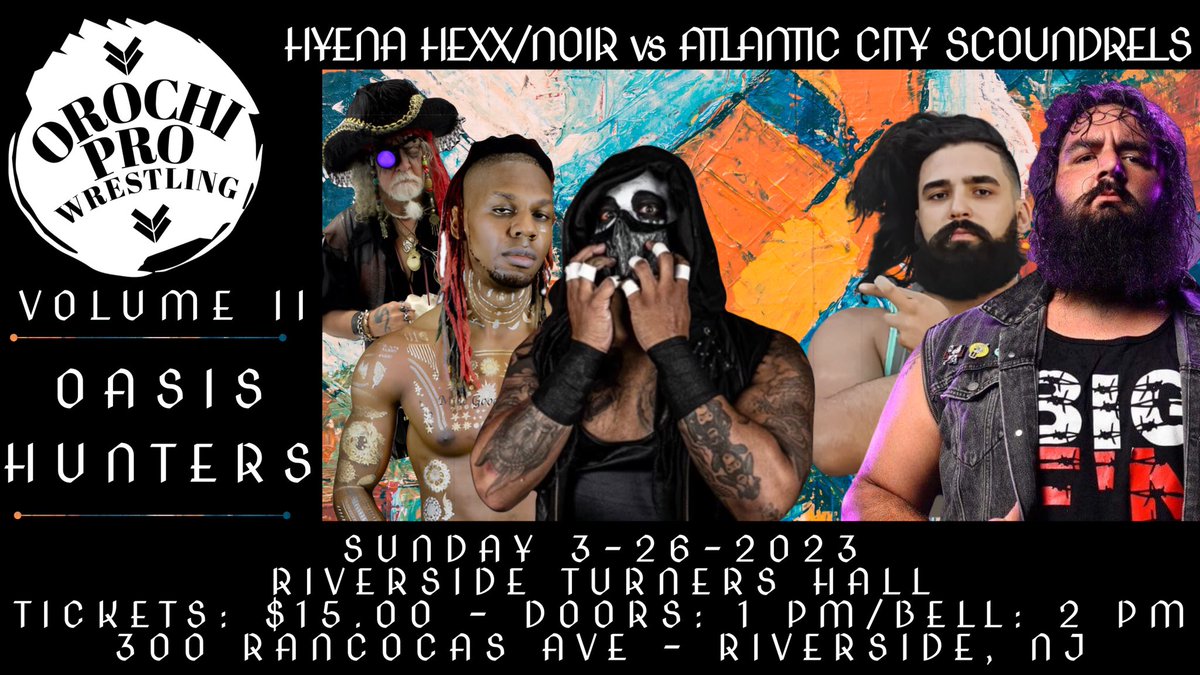 🚨MATCH ANNOUNCEMENT🚨

It is your MAIN EVENT on SUNDAY AFTERNOON, March 26th at the Riverside Turners Hall in Riverside, NJ!

Capt. D. Capitate brings his Crewe Of Blood to port as Hyena Hexx teams with CHRISTIAN NOIR to take on the AC Scoundrels, LUCKY LEO ZUKKO and BIG F’N VIN