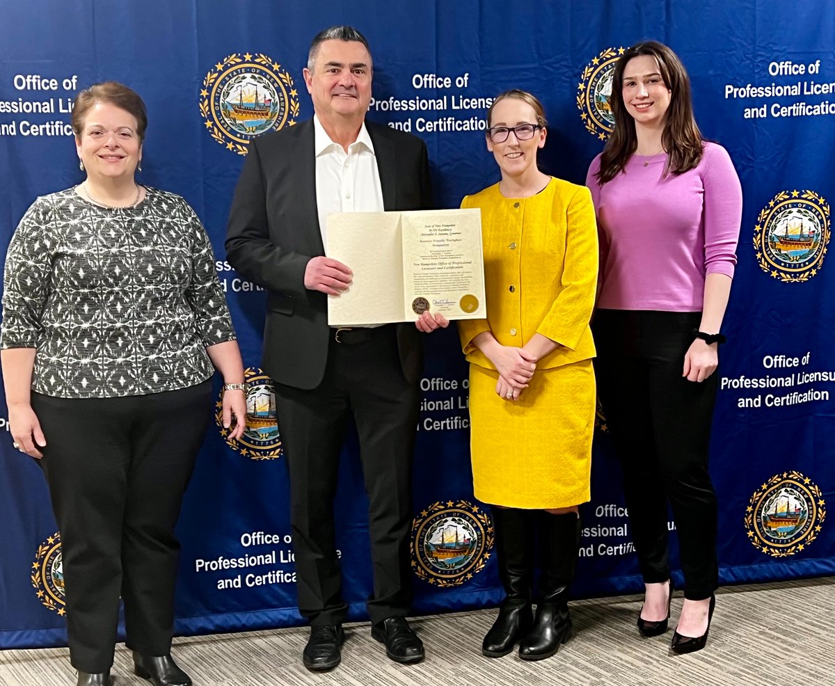 RFW_NH's tweet photo. Congratulations to the New Hampshire Office of Professional Licensure and Certification on receiving their Recovery Friendly Workplace designation! Thank you for the work you do! Pic: Judy Shelvin, David Mara, Lindsey Courtney &amp; Eliza Zarka https://t.co/tTYmPGlKyJ @graniteuwnh https://t.co/LMvze6sQeK