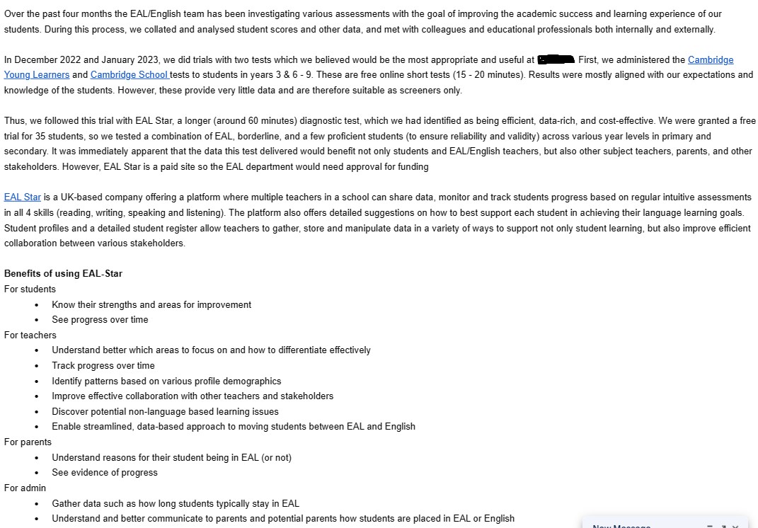 I've worked relentlessly to bring to fruition an EAL assessment platform that would save schools time &amp; effectively assess,track/monitor EAL learners.We now have 100s of schools &amp; 1000s of students using it daily.This was an international school's review😍 ealstar.co.uk