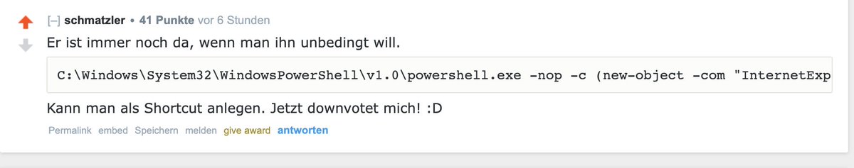 Doener's tweet image. So richtig richtig tot ist der #InternetExplorer übrigens immer noch nicht: 
1. Auf Windows Server lässt er sich noch normal aufrufen 
2. Wer unbedingt will:

old.reddit.com/r/de_EDV/comme…
