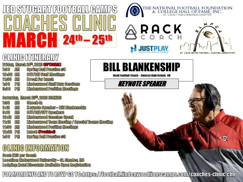 Excited to have 6 Time State Champion &amp; former Tulsa Head Coach Bill Blankenship join us as our Keynote Speaker on March 25th!

Register here: football.lindenwoodlionscamps.com/coaches-clinic…

<a href="/CoachBBlank/">Bill Blankenship</a> <a href="/NFFStLouis/">National Football Foundation St. Louis</a> <a href="/rackcoach/">RackCoach</a> <a href="/justplayfb/">Just Play Football 🏈</a> #LUFBCC23