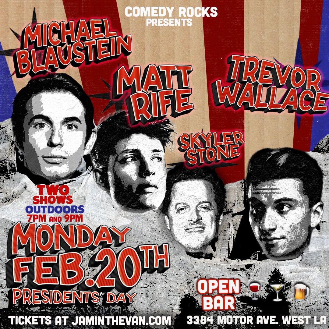 theskylerstone's tweet photo. OPEN BAR comedy shows w/ @mattrife as well as #TrevorWallace and @blaucomedy from the @stiff_socks podcast and this MONDAY on PRESIDENTS DAY!
7pm & 9pm shows at @Jaminthevan
This is on the way to sold out, so Iโd hurry! #OutdoorShows #ComedyRocks
TIX: https://t.co/3OVzPPb2KK https://t.co/6uKPJrCQhn