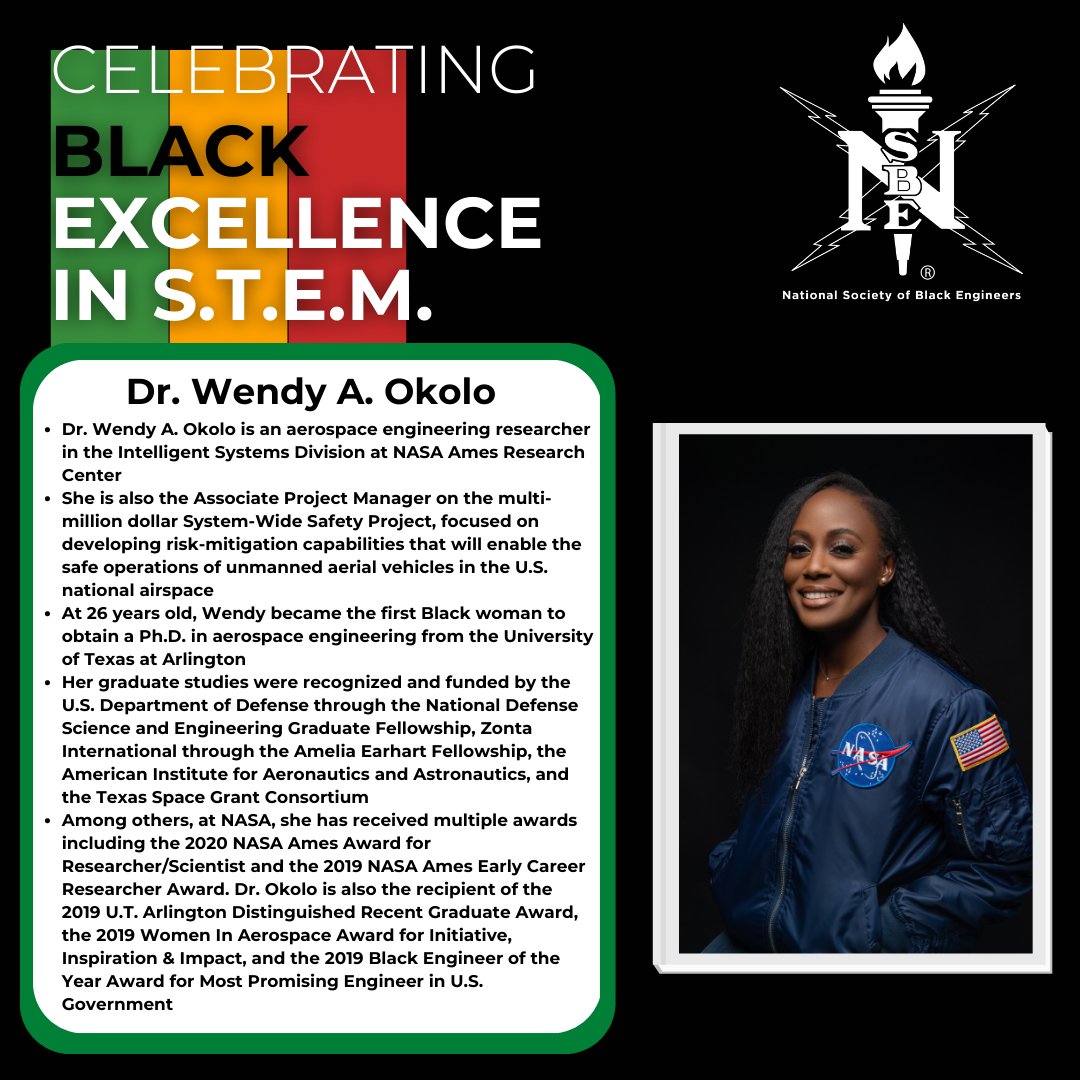 Today's Black History Month feature is Dr. Wendy A. Okolo! In addition to her role as an aerospace researcher, Dr. Okolo is an avid supporter of changing the narrative of underrepresentation in STEM. Help us celebrate Dr. Wendy Okolo this BHM!