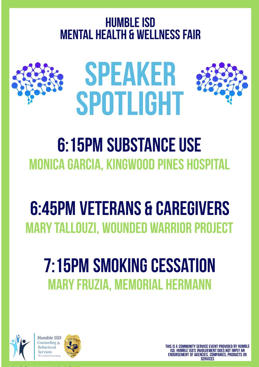 Check out the speaker line up for next week's <a href="/HumbleISD/">Humble ISD</a> Mental Health and Wellness Fair at AHS on Thursday, 2/23/23 from 6 to 8pm #wellnesswednesday