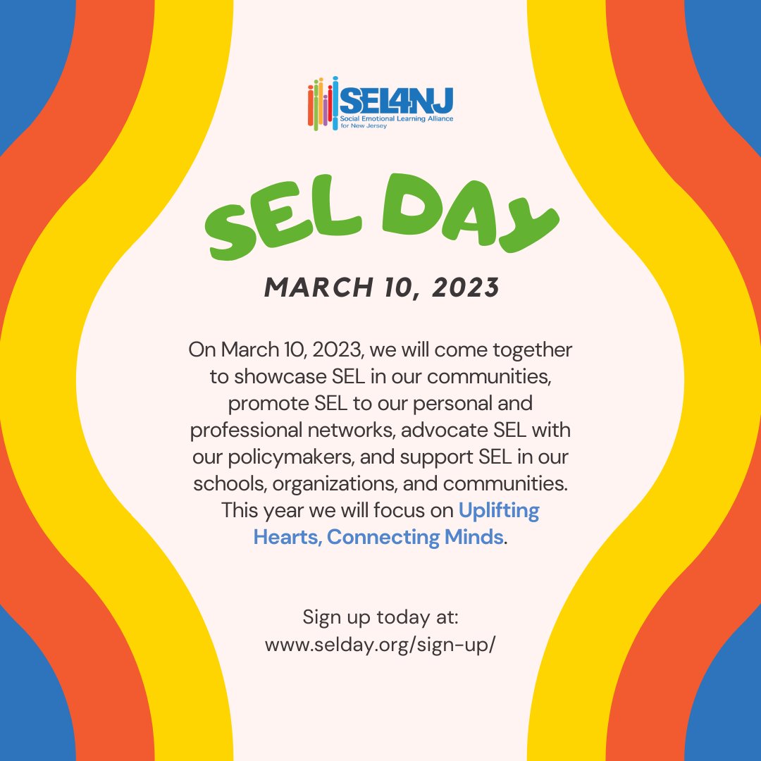 #SELDay is less than one month away! Help us spread the word! We aim to engage over 3,000 schools, districts, organizations, and individuals to collectively celebrate SEL Day! 

Sign up today: selday.org/sign-up/