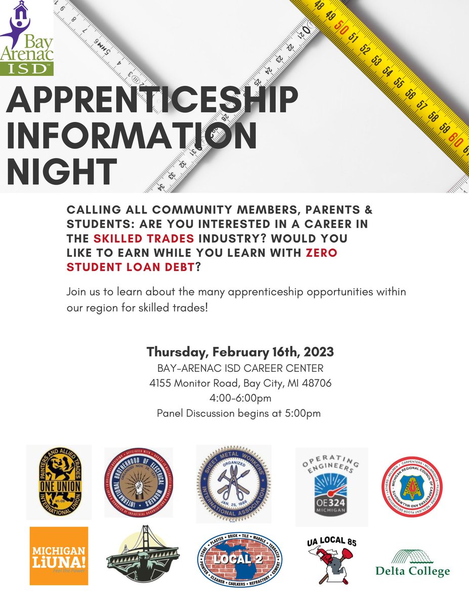 baisdcc's tweet photo. Don't forget to attend Apprenticeship Information Night at @baisdcc. Representatives will be on-site to answer any questions about apprenticeships in the skilled trades!

#baisd #baisdcc #bayarenaccareercenter #GLBR #skilledtrades https://t.co/ovbY7apPeR