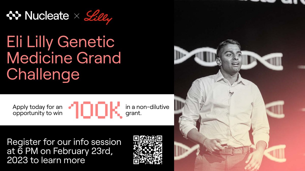 Apply to the Eli Lilly and Company Genetic Medicine Grand Challenge until March 1st, 2023! Get a chance to visit Lilly HQ, network with top execs and scientists, and pitch for three $100K grants!

Apply here: airtable.com/shrvfW6W6ldybQ…
Infosession 2/23/23: airtable.com/shroPqtZyNi01L…