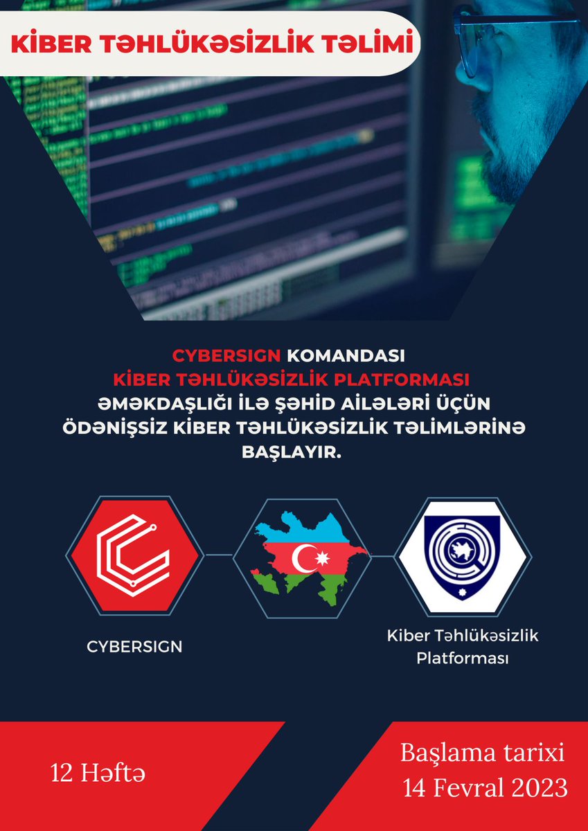 CYBERSIGN komandası Kiber Təhlükəsizlik Platformasının əməkdaşlığı ilə şəhid ailələri üçün ödənişsiz Kibertəhlükəsizlik təlimlərinə başlayır.  #kiberplatforma #kibertəhlükəsizlik #comptia #eccouncil #sibergüvenlik  #ethicalhacking  #offensivesecurity