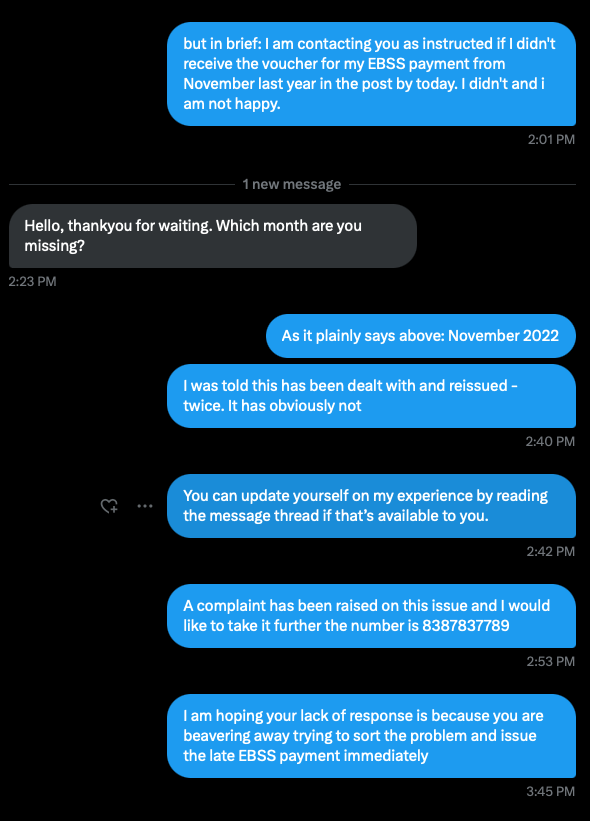 Guybiggs's tweet photo. For the 3rd time @scottishpower has failed to deliver my missing EBSS payment from NOVEMBER! I have been patient and polite - they have been nothing short of inept and borderline contemptuous. No response from them other than the message below at 14.23. Contacting Ombudsman https://t.co/noWpn7rDwb