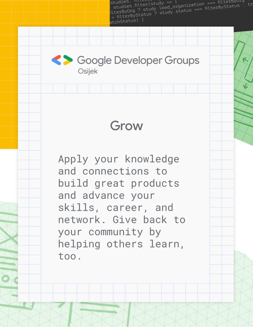 Take the opportunity to CONNECT, LEARN, and GROW with GDG community! 🧑‍💻

Stay up to date with our events here: ⤵️ gdg.community.dev/gdg-osijek/

• LinkedIn: linkedin.com/company/gdg-os…
• Instagram: instagram.com/gdg_osijek/
• Facebook: facebook.com/profile.php?id…

#gdg #gdgosijek #community