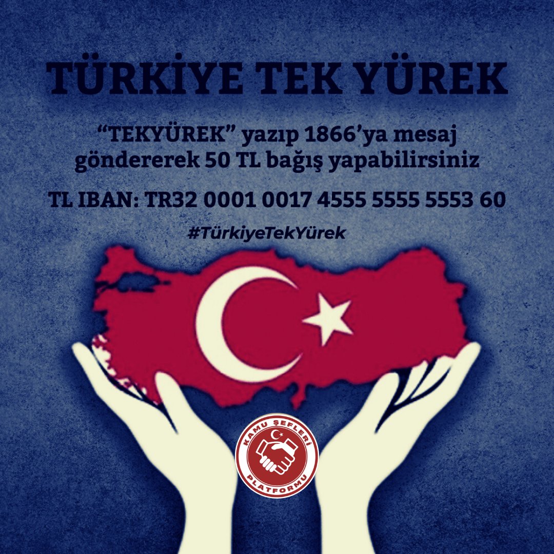 Haydi Şimdi Yaraları Sarma Zamanı. #TürkiyeTekYürek
TEKYÜREK Yazıp 2668 (Kızılay)veya 1866'ya (AFAD) Mesaj Gönderin 50 TL Bağışta Bulunun.