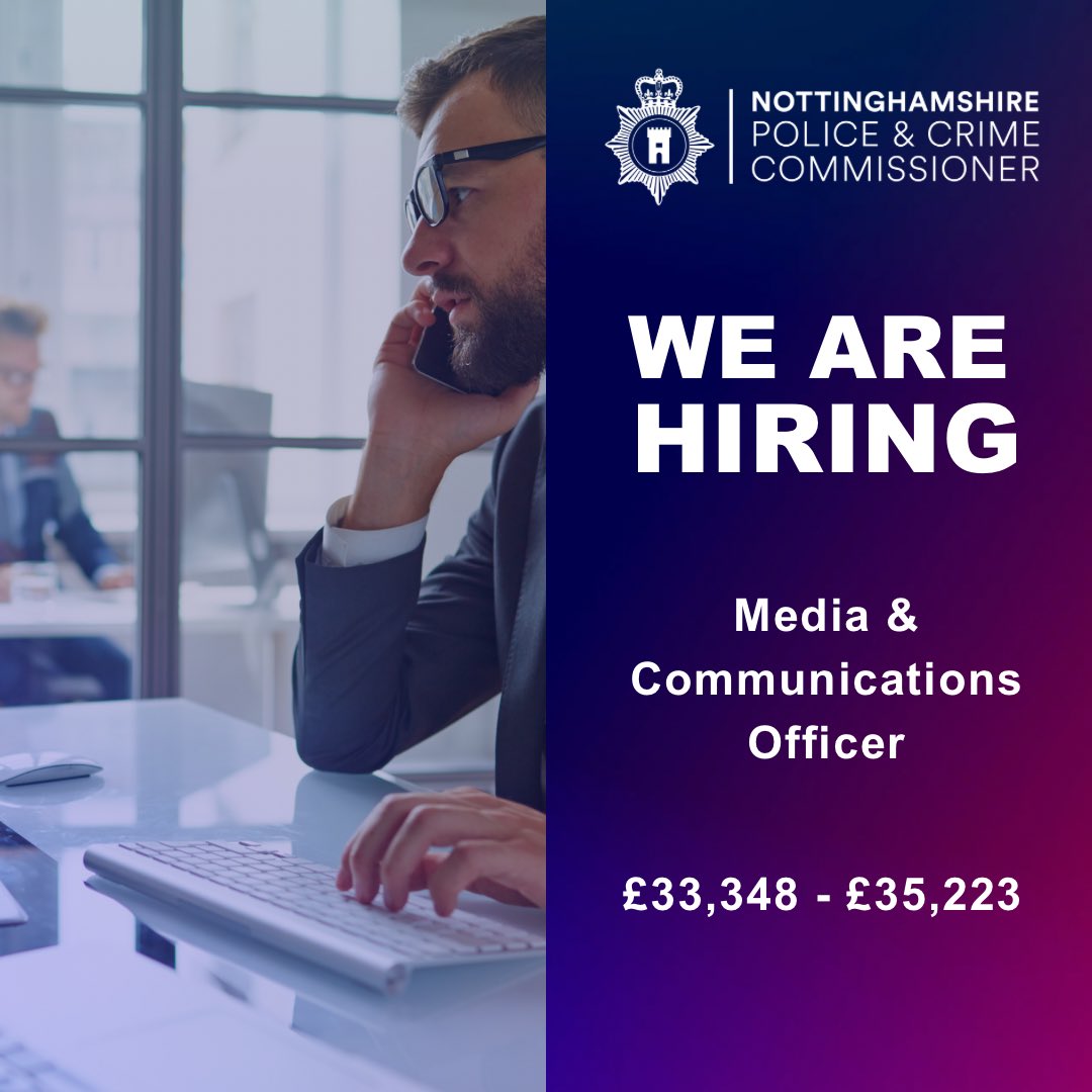 NottsOPCC's tweet photo. Applications close next week❗️

We are looking for a Media and Communications Officer to be our operational lead for identifying and delivering comms opportunities for the Office of the Police and Crime Commissioner for Nottinghamshire. https://t.co/jsGgFj6IyQ