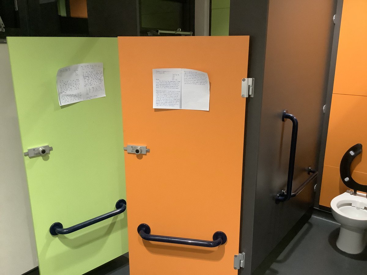 CloughPrimary's tweet photo. Year 5 decided to share their writing by posting on the back of toilet doors. They loved their recent #Holes unit. @WritingRocks_17 https://t.co/SSKxOINTK3