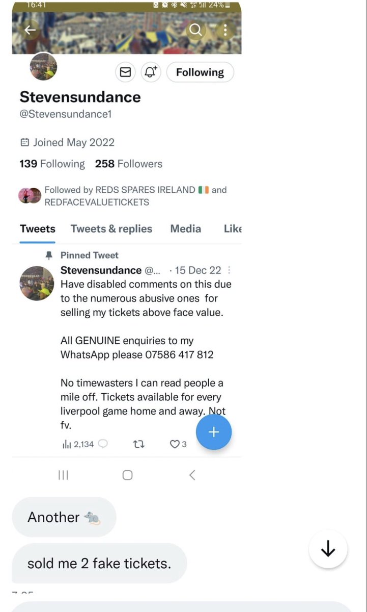 REDticketMenIRE's tweet photo. We have it on good authority that the rat Frankie O Brien who scammed thousands of Liverpool fans this year is now running his next scam posing as Steven Sundance, do not buy from Frankie or his alter ego Steven Sundance. Frankie is an absolute rat &amp; 1/2 https://t.co/OM5fdQ6Rii