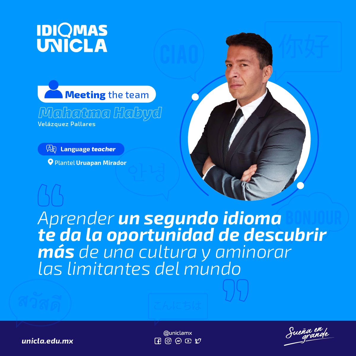uniclamx's tweet photo. 📢 Conoce al equipo de docentes de idiomas 💬 de nuestra universidad. 

Él es Mahatma Habyd, language teacher del 📍 plantel #Uruapan Mirador. ¡Gracias por formar parte del equipo UNICLA! 🙌 https://t.co/LyuLgZAEth