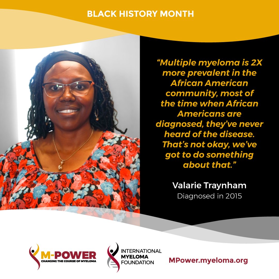 IMFmyeloma's tweet photo. “Multiple myeloma is 2X more prevalent in the African American community, most of the time when African Americans are diagnosed, they’ve never heard of the disease. That’s not okay, we’ve got to do something about that.” — Valarie Traynham.  https://t.co/VOcZxzv6SP

#IMFMPOWER https://t.co/Nk9g573RgX
