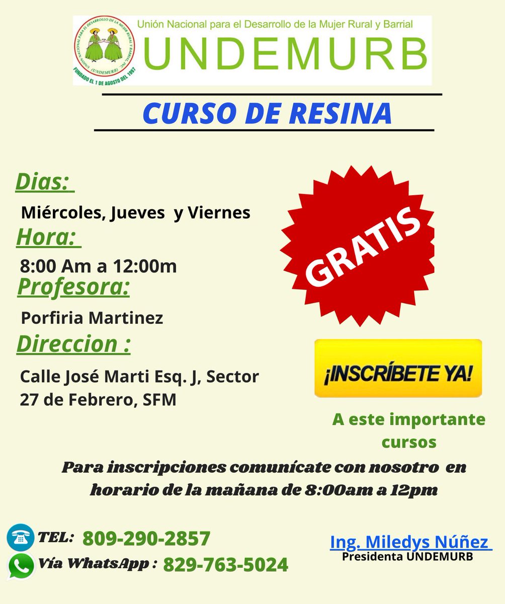 Invitamos a inscribirse en este importante Curso de Resina totalmente gratis. #UNDEMURB y su presidenta la Ing <a href="/MiledysNunez/">Miledys Nuñez Pantaleon</a> promoviendo el desarrollo de la sociedad.
