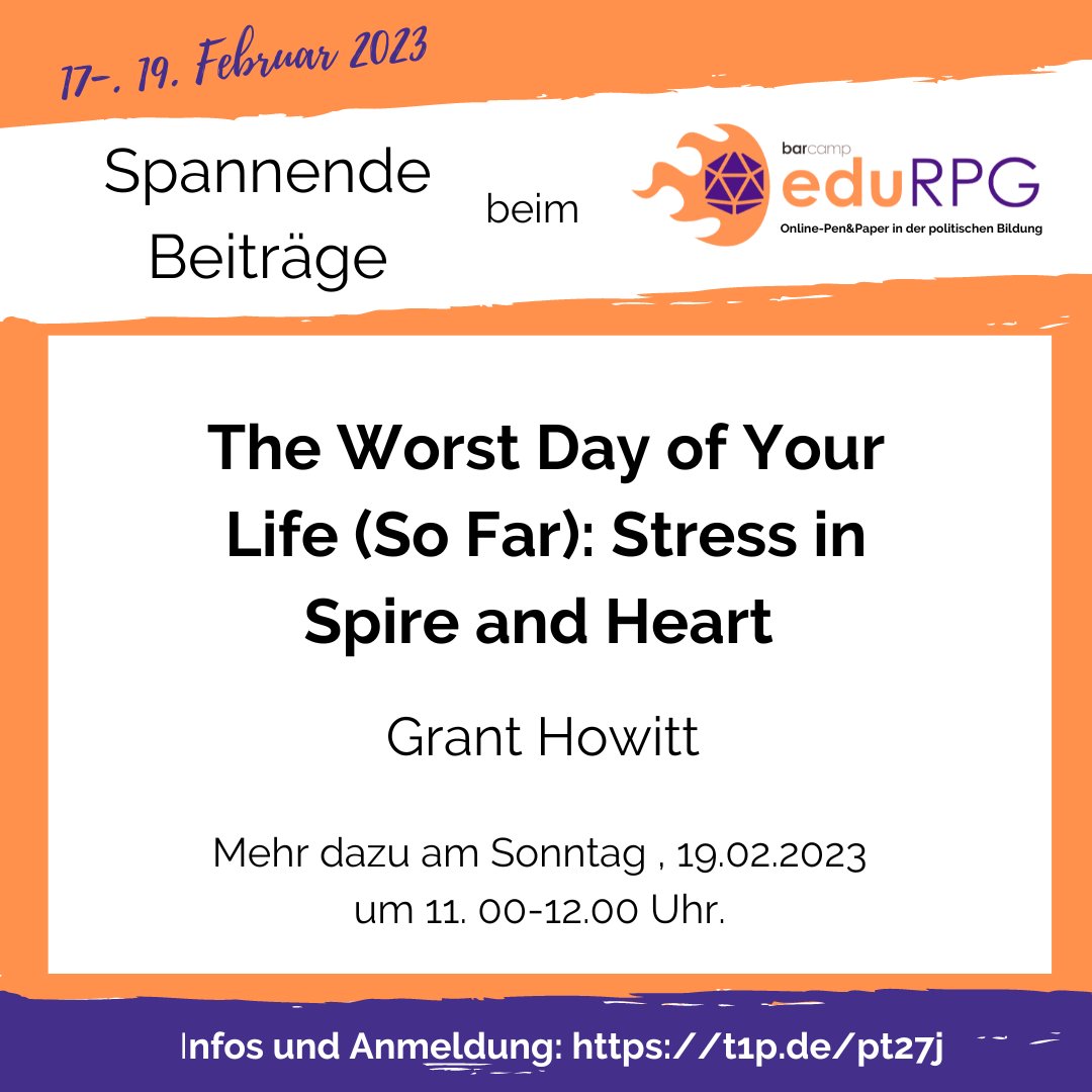 We are happy that Grant Howitt <a href="/gshowitt/">Grant Howitt</a>  will join us sunday at the #eduRPG #Barcamp:
Most #rpgs feature mechanics for inflicting misfortune on the player characters. But what if you wrote a system built around the most interesting thing that could go wrong? #pnp #pnpde #games