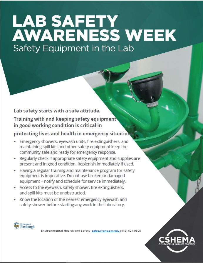PittEHS's tweet photo. Day 3 of #LabSafetyAwarenessWeek covers laboratory safety equipment. #DYK University Guidelines (EH&amp;S #03-003) indicate the area around safety equipment must be maintained free of all obstacles. https://t.co/3vdFlSEK4b