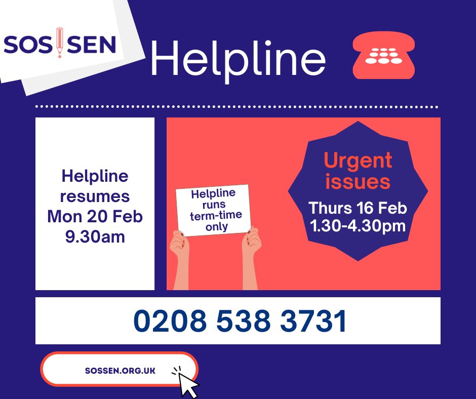 sos_sen's tweet photo. We have an❗️extra helpline session Thurs 16th Feb 1.30-4.30pm
‼️ for urgent issues
With the #PhaseTransfer deadline today for placements to be named in #amendedEHCPs, we appreciate many parents need #urgent help
If your query can wait until after half-term, 🙏🏽 for your patience https://t.co/MM1xAaGWln
