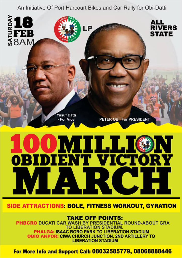 Dear Obidients in PH,

Are you ready for the mother of all rallies?

Join us this Saturday by 8.00am as we meet up for our last rally before the elections.

For enquires: Please check the flyer

See you there

#PHObiDatti100mMarch
#PHBike_CarRally