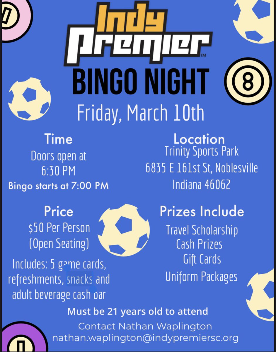 IndyPremierSC's tweet image. 🚨Save the date!🚨 Join us Friday, March 10th at Trinity Sports Park for our Bingo Night Fundraiser.  Gather your friends for a night of fun! playmetrics.com/signup?clubTok…
For questions contact nathan.waplington@indypremiersc.org. #bingo #havefunplaybingo #march10th
