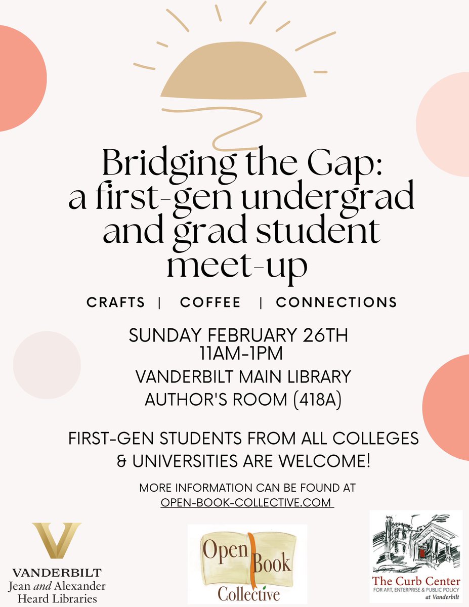 NashvilleState's tweet image. @VandyLibraries has invited all Nashville State first-generation college students to a meet-up on Sunday, February 26, 11am-1pm, at the library on Vanderbilt’s campus. 

#FirstGenCollegeStudent #MeetUp #Community #YouBelong #NashvilleState #MakingConnections