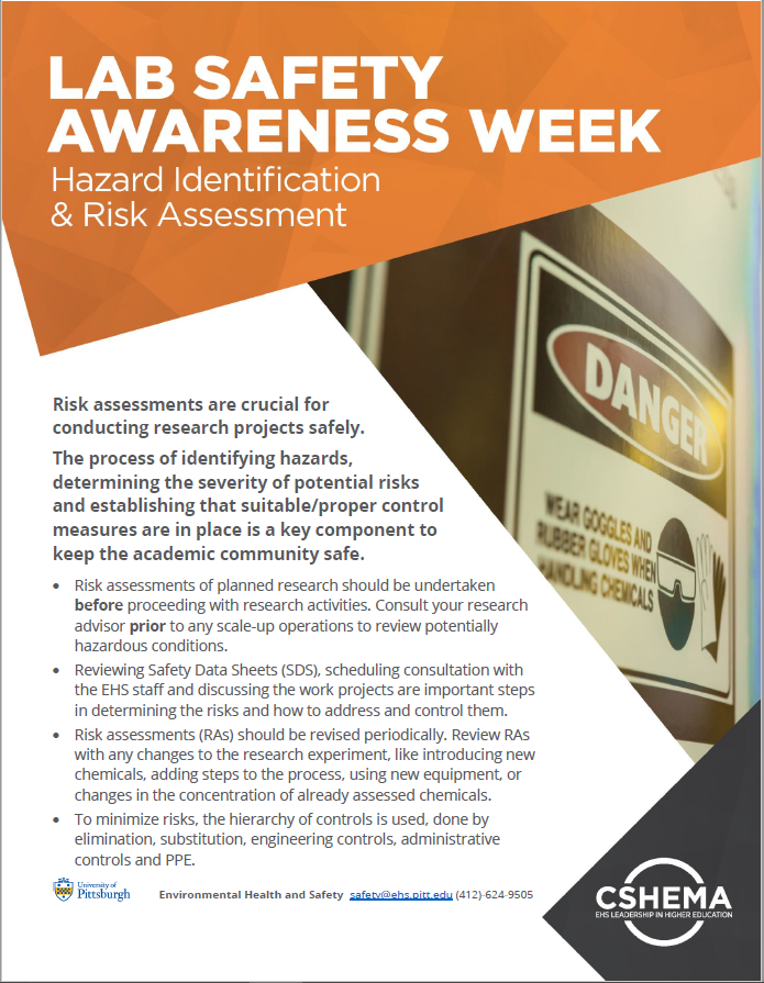 PittEHS's tweet photo. Day 4 of #LabSafetyAwarenessWeek is Hazard Identification &amp; Risk Assessments. Do not worry! @PittEHS offers Hazard Communication training along with Chemical Hygiene training which meets OSHA Standards (29 CFR 1910.1450) and (29 CFR 1910.1200). https://t.co/ci5VdPvN1M