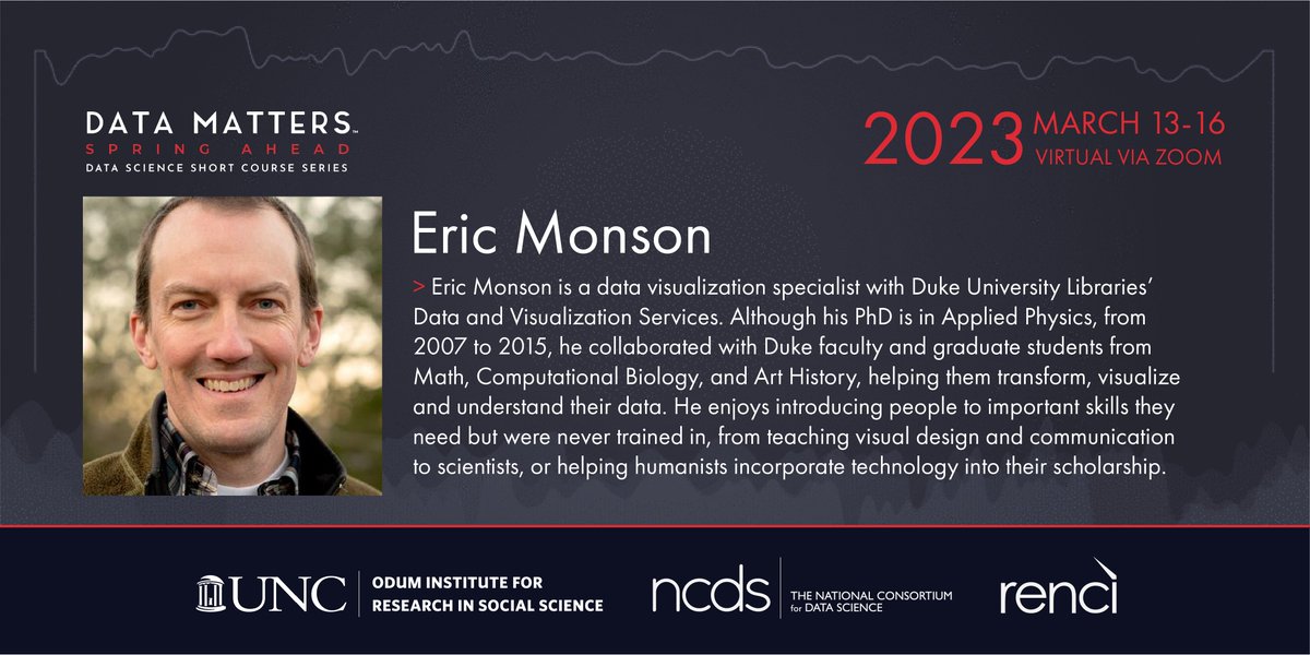 TheNCDS's tweet photo. #DataMatters instructor @EricEMonson is a #dataviz specialist with @DukeLibraries' #Data + #Visualization Services. During our spring short-course series, he will teach the course “Introduction to Effective #InformationVisualization." @duke_data #infoviz
https://t.co/eEFkcZ2VvZ https://t.co/P0SBIIC7xe