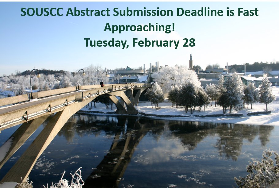 souscc51's tweet photo. Looking forward to presenting your undergraduate research with fellow students and professors from across Ontario? Submit your abstract for #SOUSCC51 by 11:59 pm EST on Tuesday, February 28th! Hosted by @TrentUChemistry and @TrentUniversity Submit via: https://t.co/IevsXfzFFT https://t.co/xnwHBVKvFK