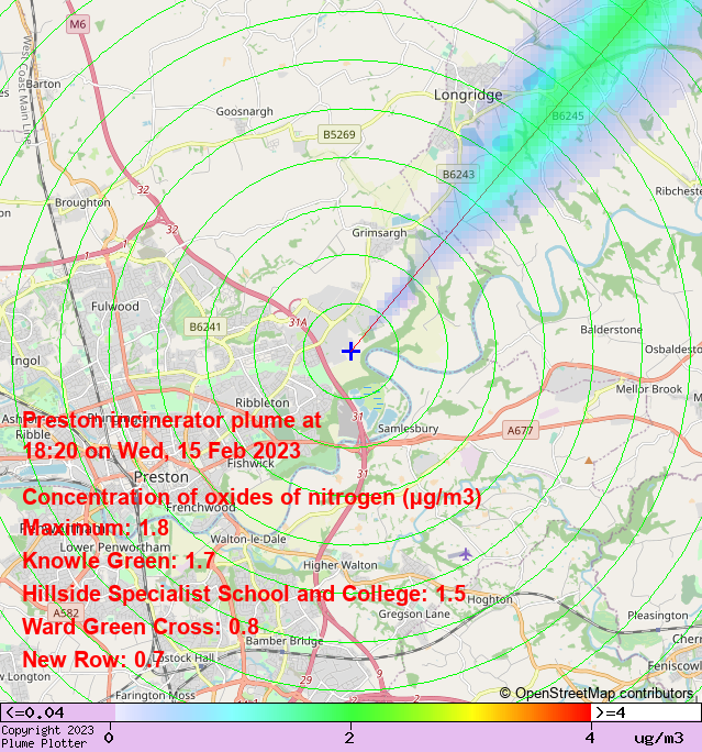 plumeplotter's tweet photo. Latest Preston incinerator plume plot, 18:20 15/02/23 #KnowleGreen #WardGreenCross #NewRow https://t.co/vYUTMnLQDm https://t.co/ki7hRZCCoF