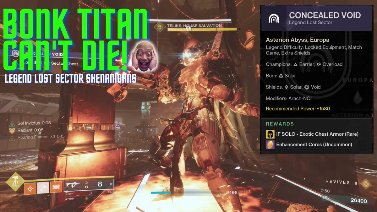InTheMood4Brood's tweet photo. This is about as Titan-y as you can get - ignore anything taking shots at you and just hammer your way to greatness... #Destiny2 #DestinyTheGame #legendlostsector

https://t.co/ckPM7TQMgx https://t.co/KVySdfwm26