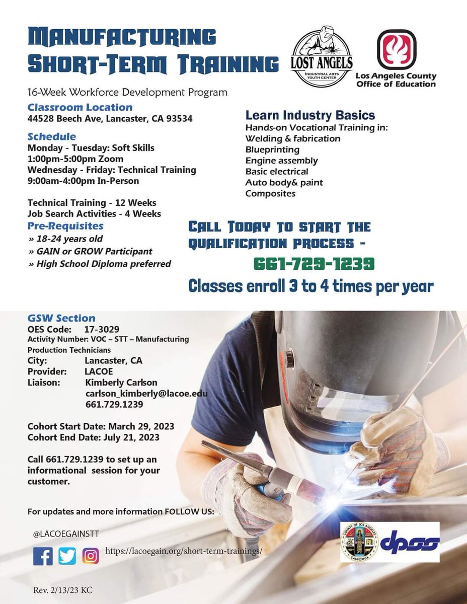 Now Enrolling for the Manufacturing Short-Term training program in Lancaster, CA! This 16-week class starts March 29, see the flyer for enrollment details. #lacoegain #lacoestt #manugfacturing